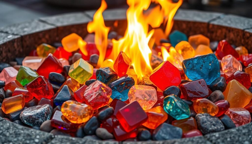 Colored glass rocks for fire pit