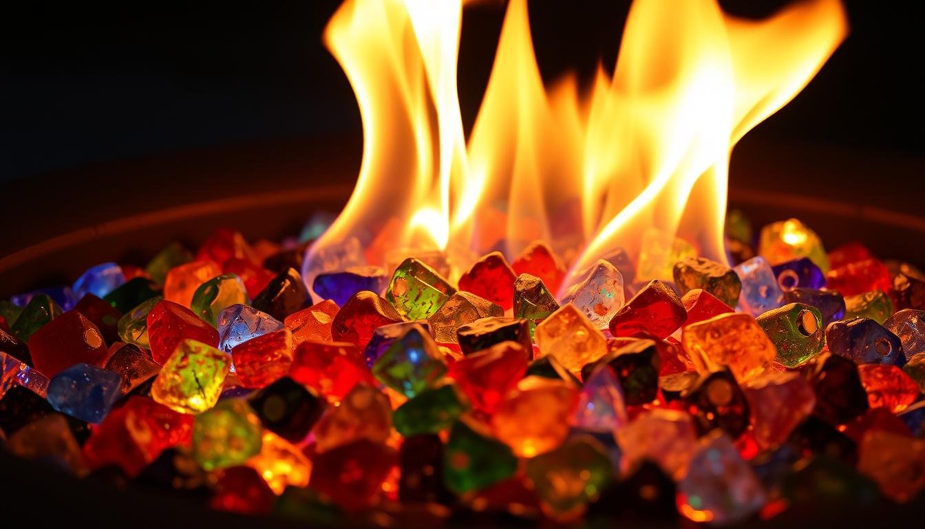 Colored glass rocks for fire pit