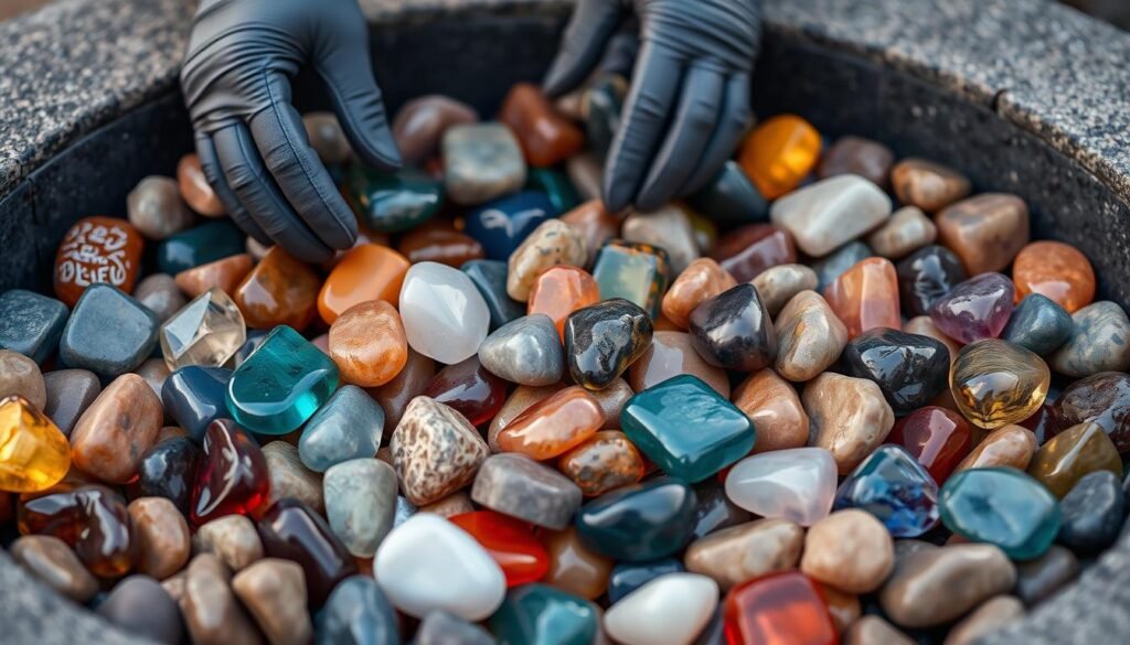 arranging fire pit glass rocks